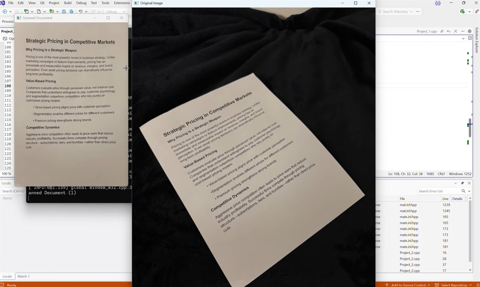 Document scanner rectifying a skewed page into a flat scan