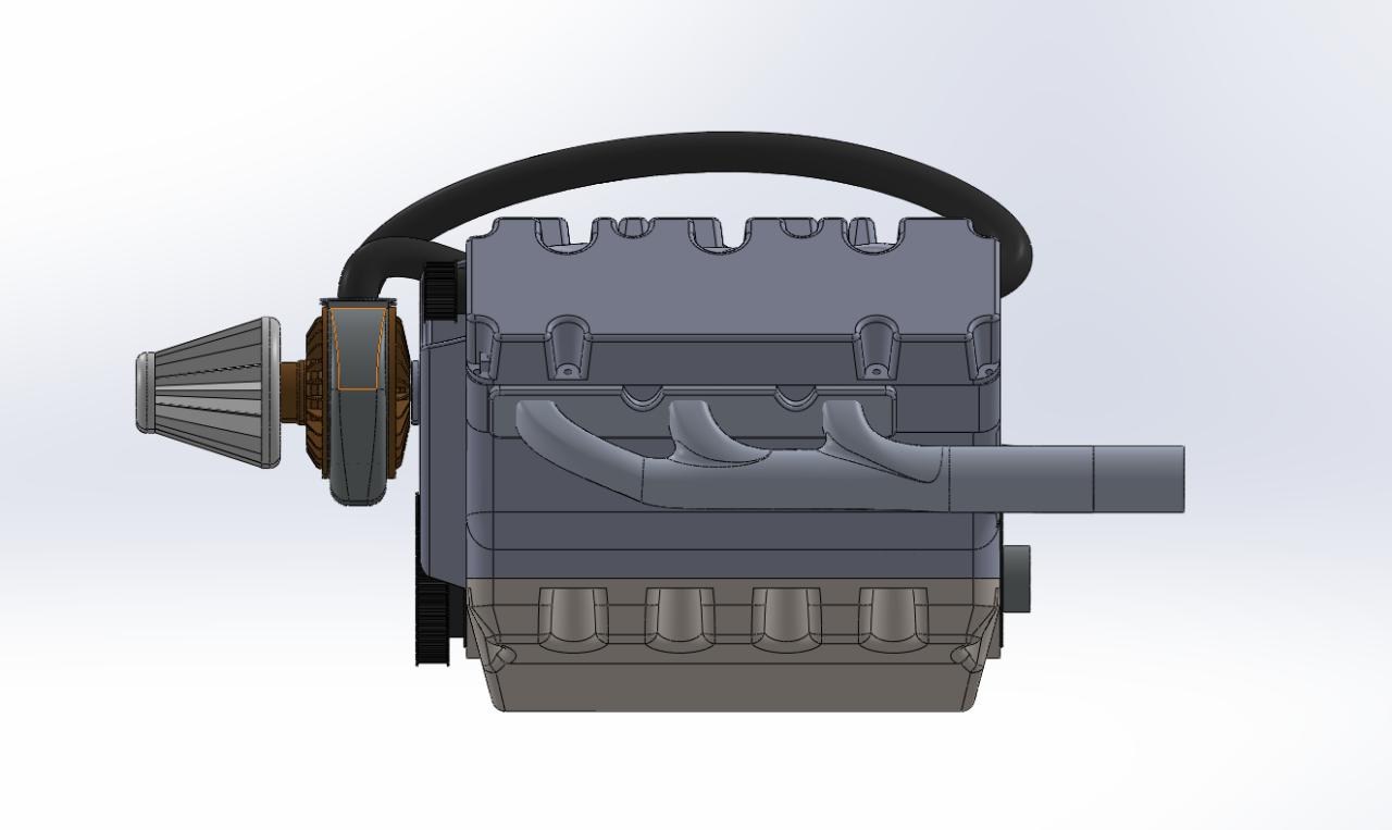 V6 twin-turbo engine, front view with twin turbochargers
